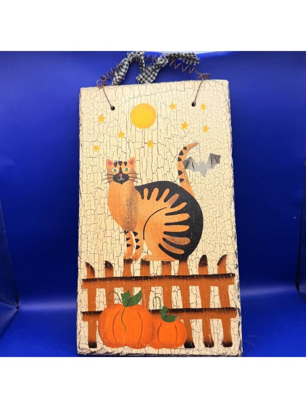 Primitive Fall Cat Pumpkins Crackle Slate Wall Hanging Farmhouse Seasonal Fall